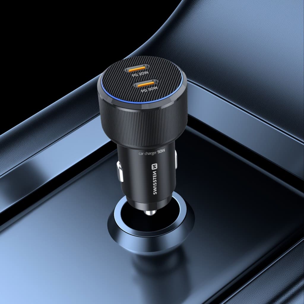 Adaptér do auta Swissten s funkcí rychlonabíjení 2x USB-C PD 50W černý - náhled 4