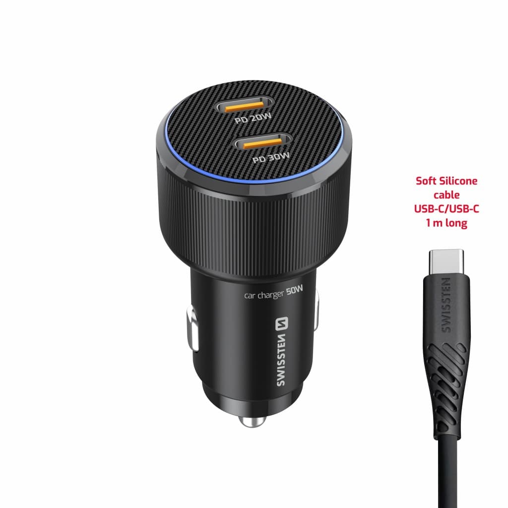 Rychlonabíječka do auta Swissten 2x USB-C PD 50W + datový kabel USB-C 1 m černá - náhled 4