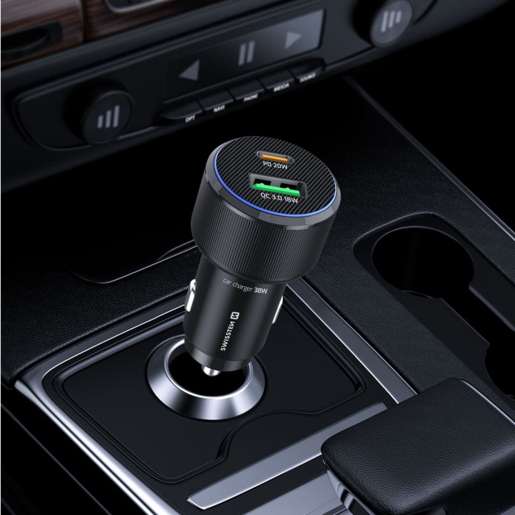 Rychlonabíječka do auta Swissten USB-A, USB-C PD 38W + kabel USB-C 1 m černá - náhled 4