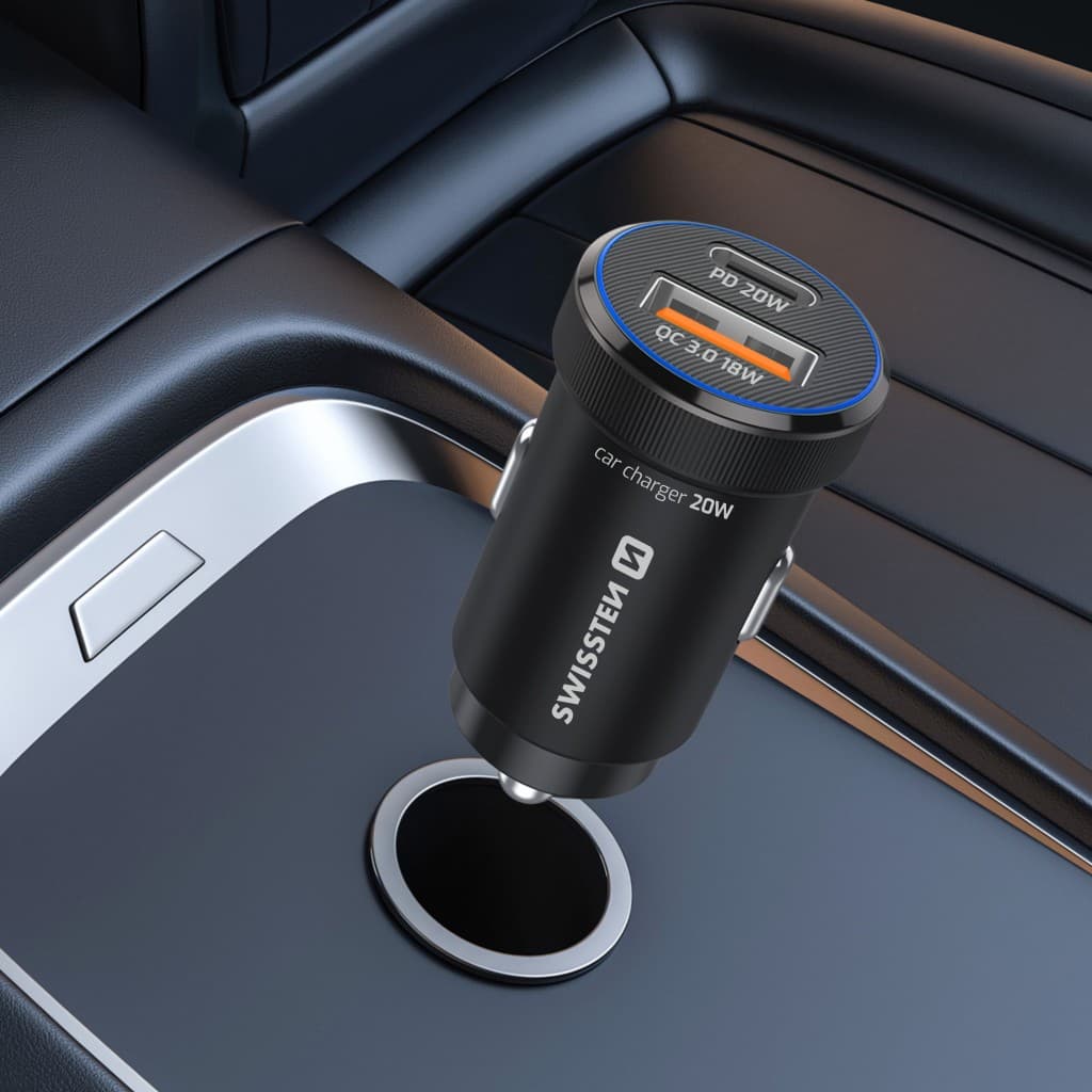 Rychlonabíječka do auta Swissten USB-A,USB-C PD 20W + datový kabel USB-C 1m černá - náhled 4