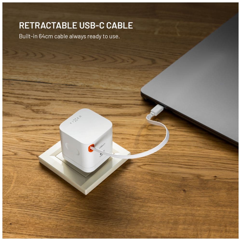 Síťová GaN nabíječka FIXED s 2xUSB-C, podpora PD 3.0, se samonavíjecím kabelem, 65W, bílá - náhled 4