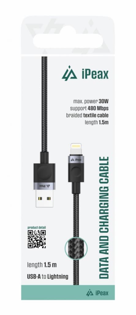 Textilní kabel iPeax USB-A - Lightning 1,5m, USB 2.0 černý - náhled 4