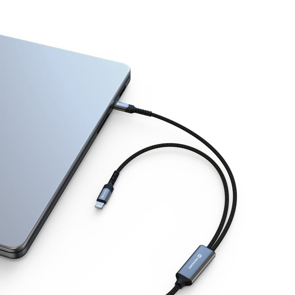 Nabíjecí kabel Swissten 2v1 USB-C - USB-C + Lightning 100W 1,5 m černý - náhled 3