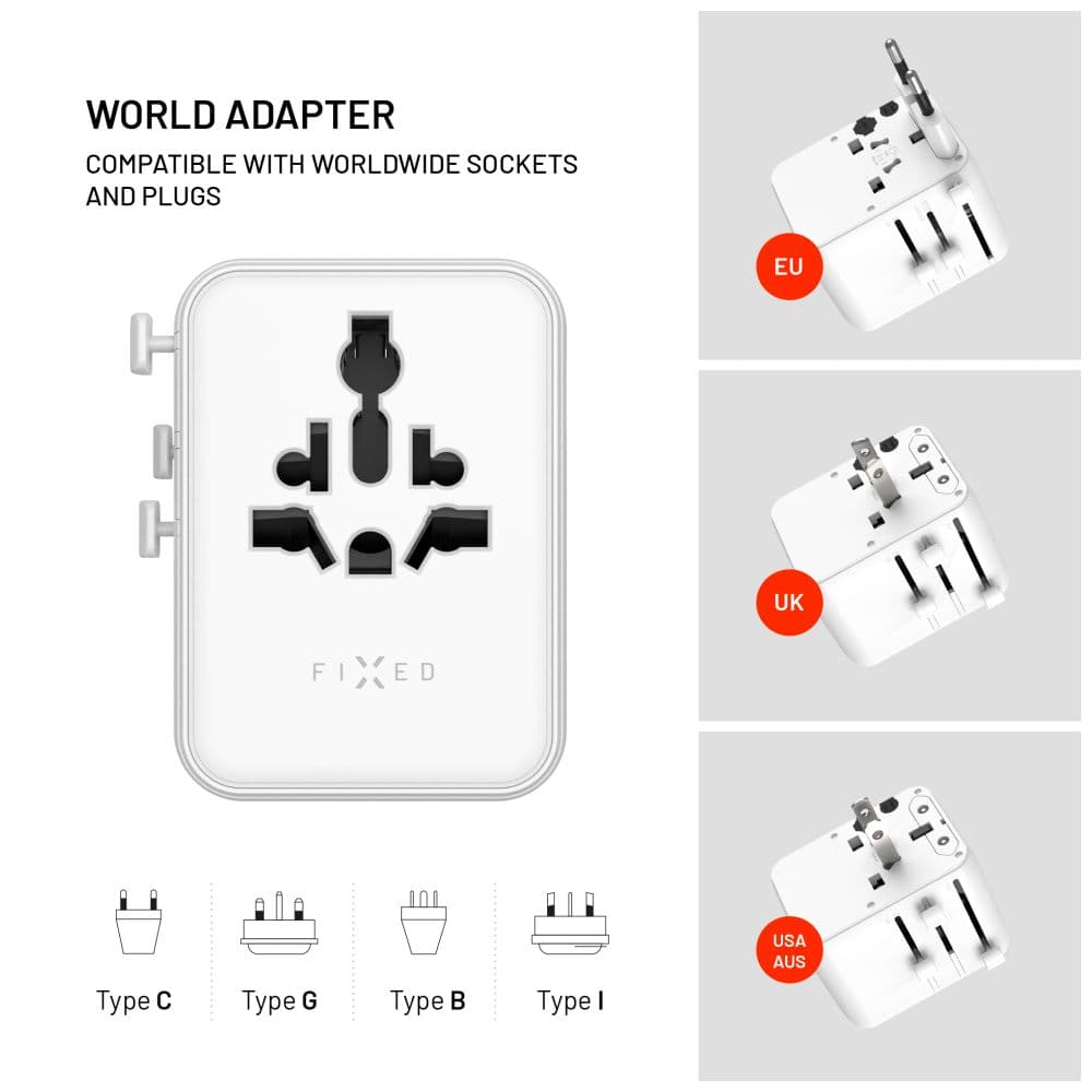 Cestovní adaptér FIXED Voyager 70W pro EU, UK a USA/AUS, s 3xUSB-C a 2xUSB výstupem, GaN, PD 70W, bílý - náhled 4