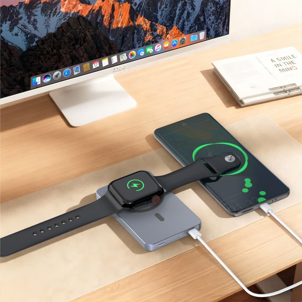Powerbank Swissten Fusion 5000 mAh s nabíjením Apple Watch (kompatibilní s magsafe) stříbrná - náhled 4