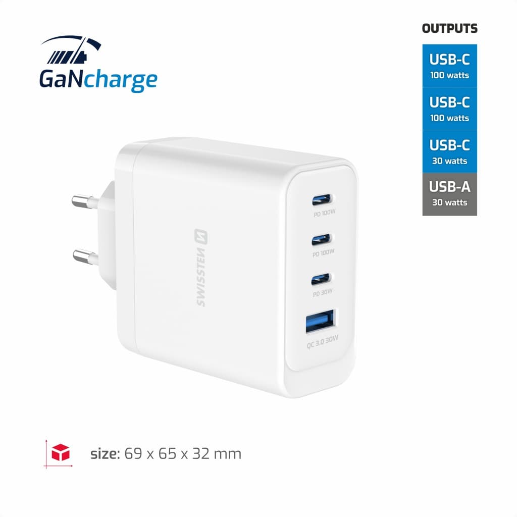 Adaptér Swissten Gan 2x USB-C PD 100W + 1x USB-C PD 20W + 1x USB-A QC 30W QC bílý - náhled 4