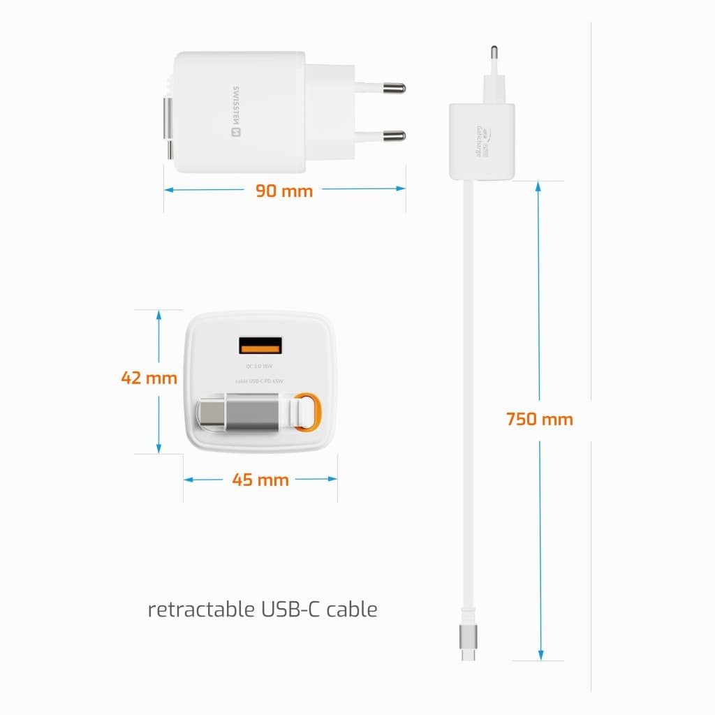 Adaptér Swissten Slidecharge Gan 45W, 1x USB-A 18W se zatahovacím USB-C kabelem 0.75 m bílý - náhled 4
