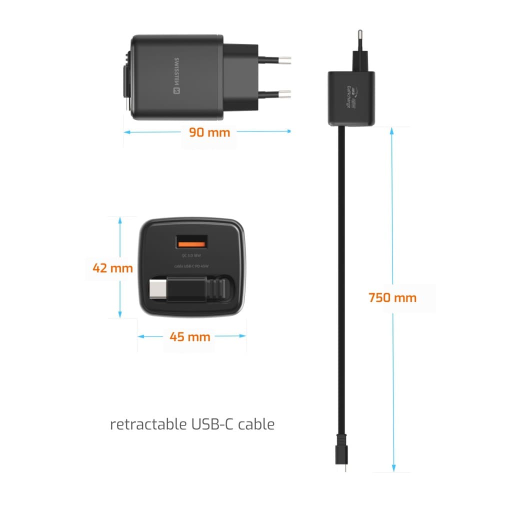 Adaptér Swissten Slidecharge Gan 45W, 1x USB-A 18W se zatahovacím usb-c kabelem 0.75 m černý - náhled 4