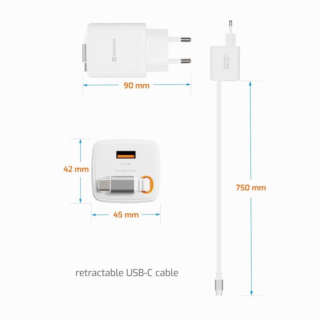 Adaptér Swissten Slidecharge Gan 30W, 1x USB-A 18W se zatahovacím USB-C kabelem 0.75 m bílý - náhled 4