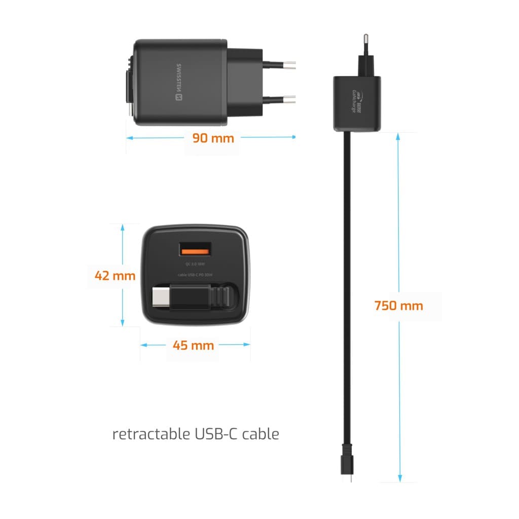 Adaptér Swissten Slidecharge Gan 30W, 1x USB-A 18W se zatahovacím USB-C kabelem 0.75 m černý - náhled 4
