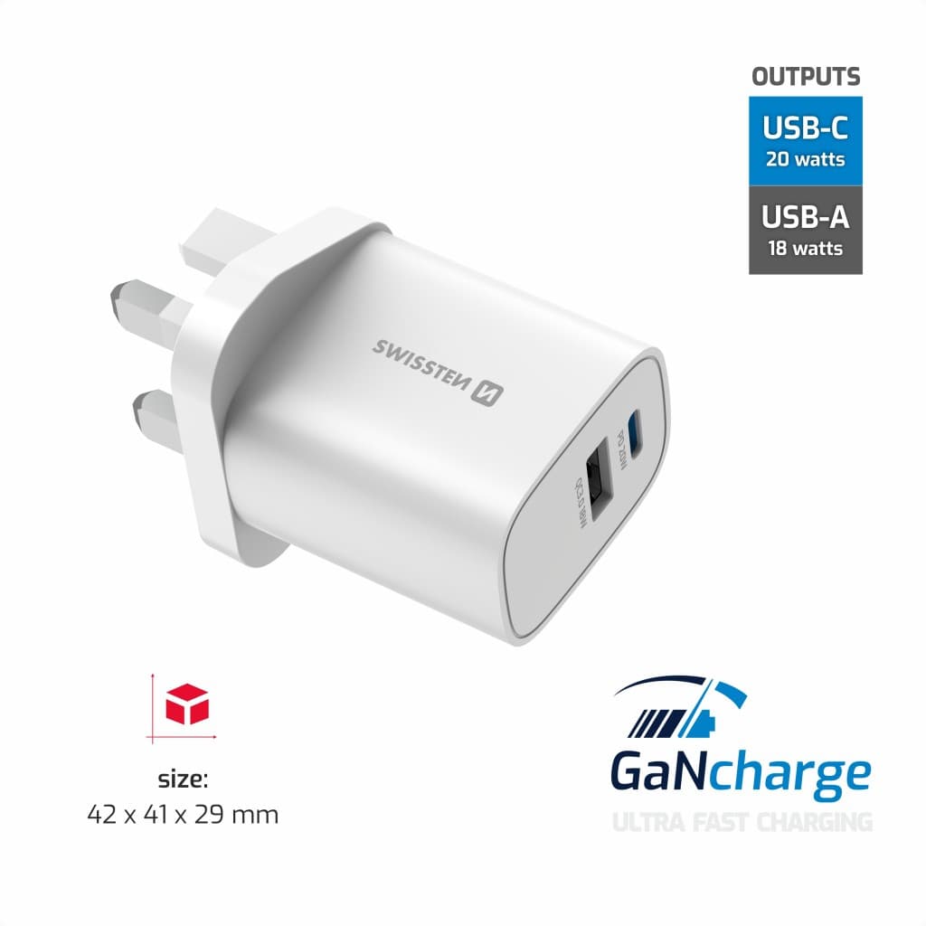 Adaptér Swissten Edge Gan 1x USB-C PD 20W + 1x USB-A 18W QC, pro uk zásuvku bílý - náhled 4
