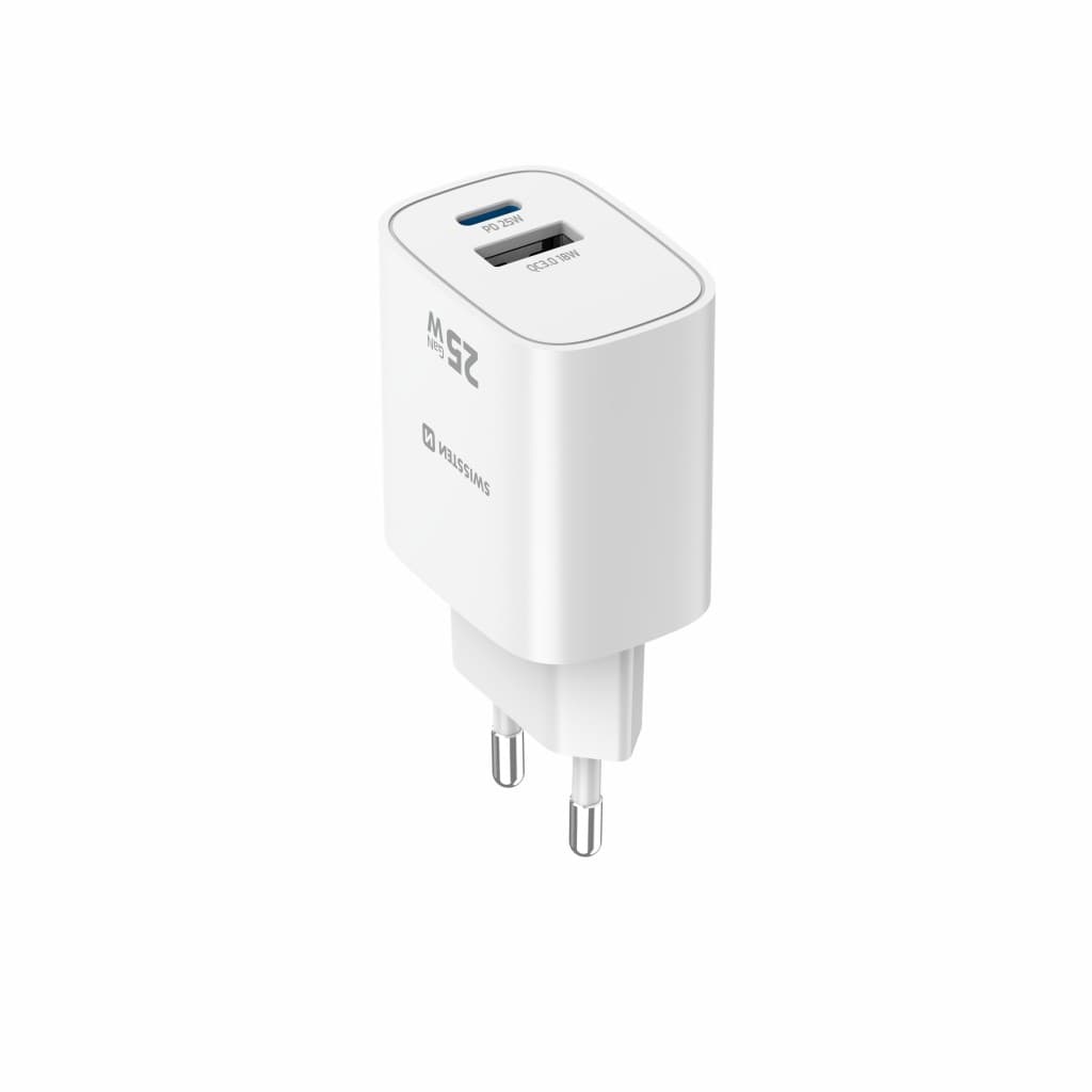 Adaptér Swissten Edge Gan 1x USB-C PD 25W + 1x USB-A 18W QC bílý - náhled 4