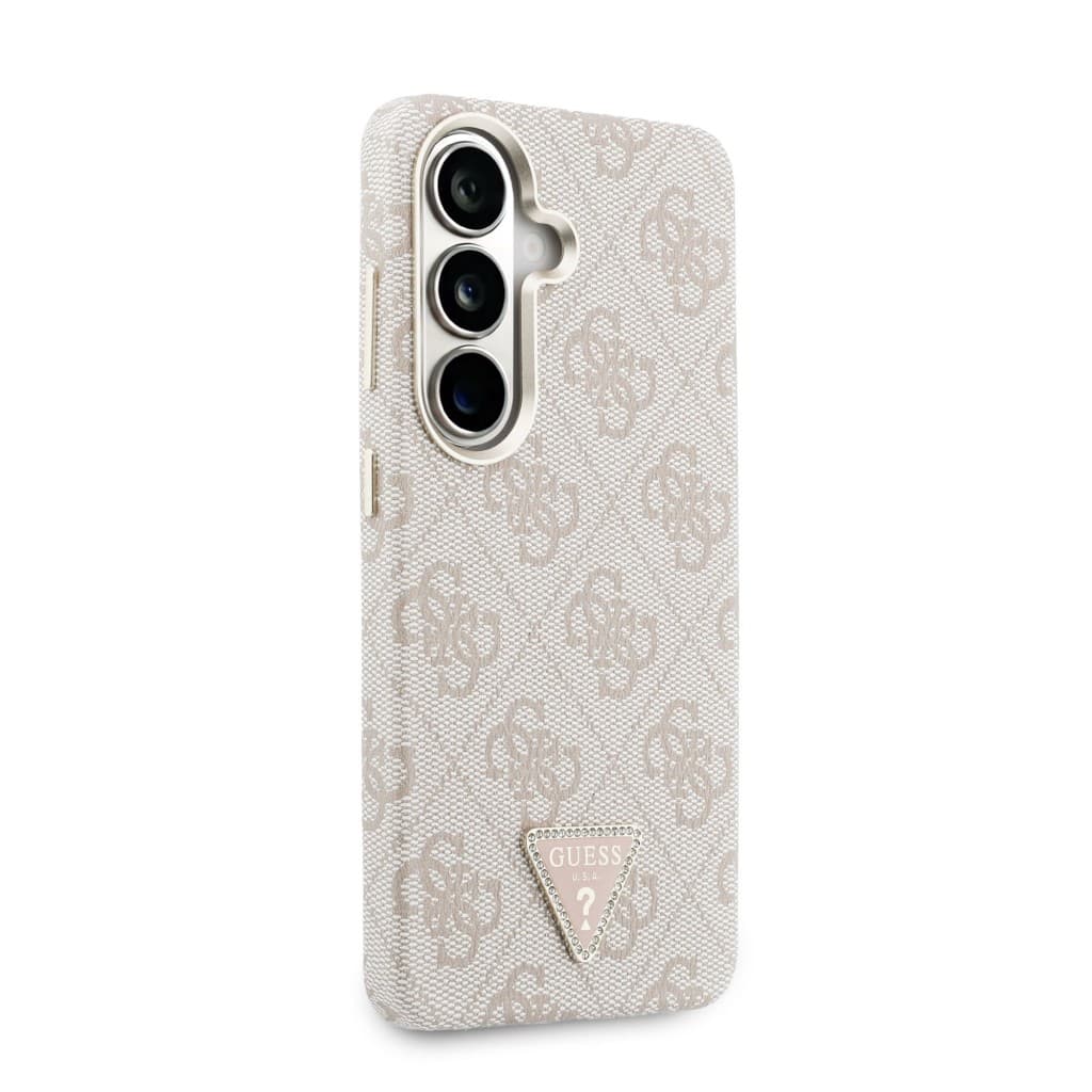 Zadní kryt Guess PU Leather 4G Strass Triangle Logo Gold Frame Magnetic pro Samsung Galaxy S26 růžový - náhled 4
