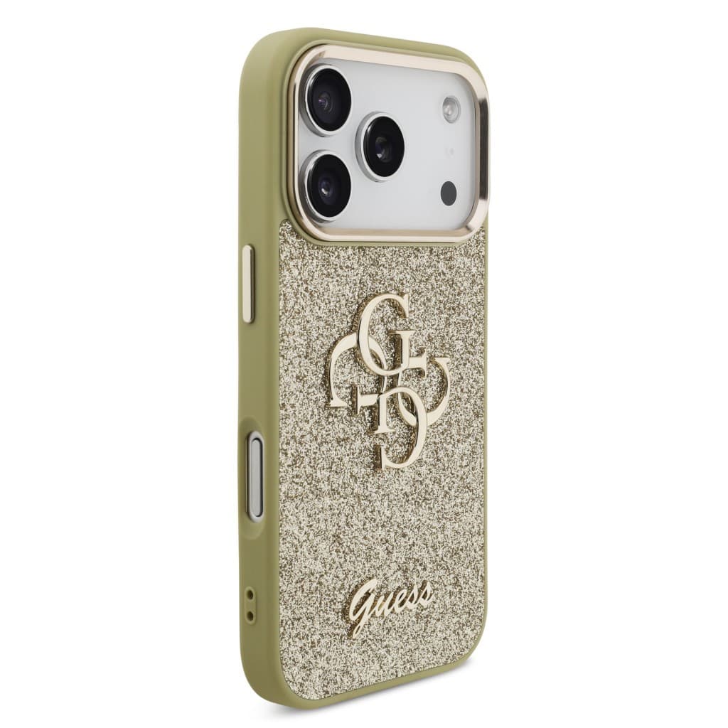 Zadní kryt Guess PU Fixed Glitter 4G Metal Frame pro iPhone 17 Pro zlatý - náhled 4
