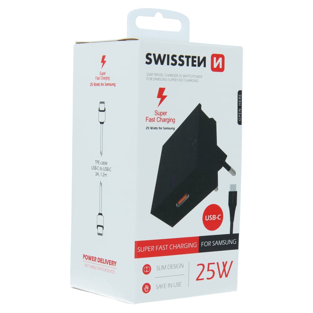 Swissten síťový adaptér pro samsung super fast charging 25w + datový kabel usb-c/usb-c 1,2 m černý - náhled 4