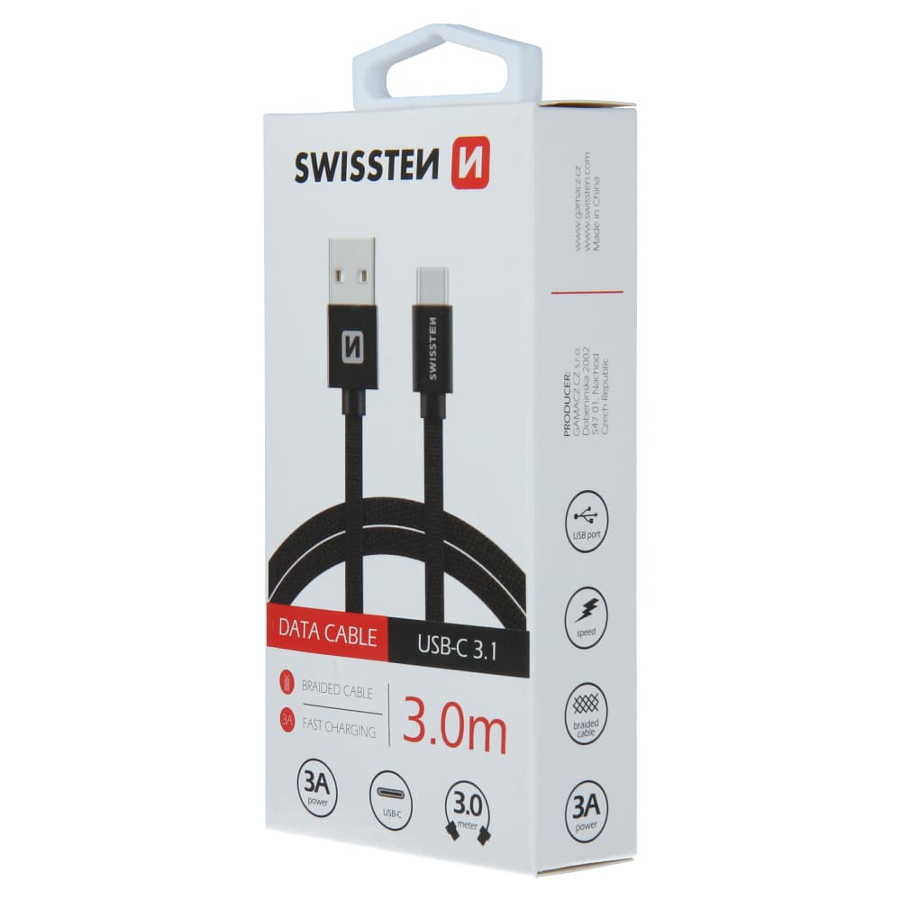 Datový kabel swissten textile usb / usb-c 3,0 m černý - náhled 4