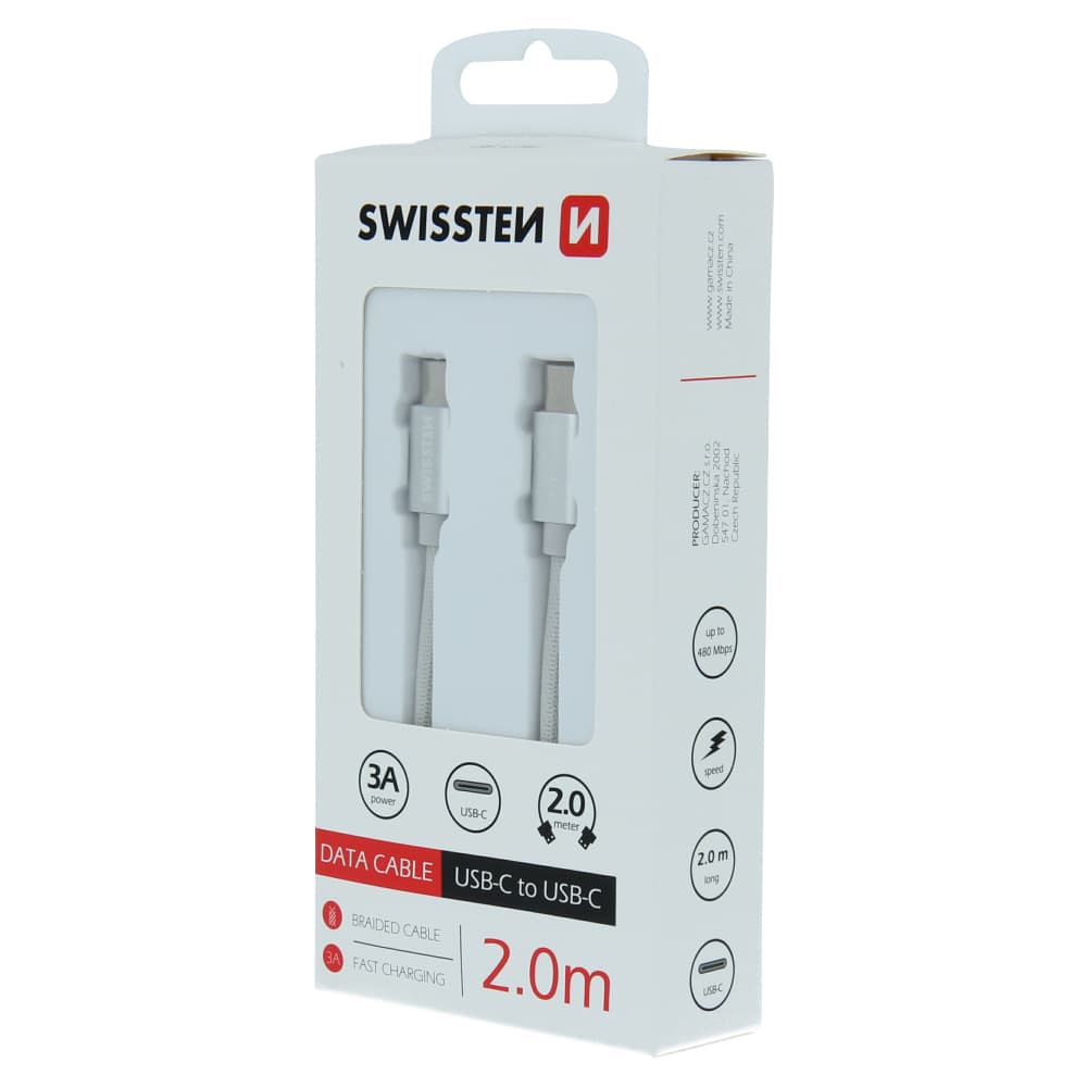 Datový kabel swissten textile usb-c / usb-c 2,0 m stříbrný - náhled 4