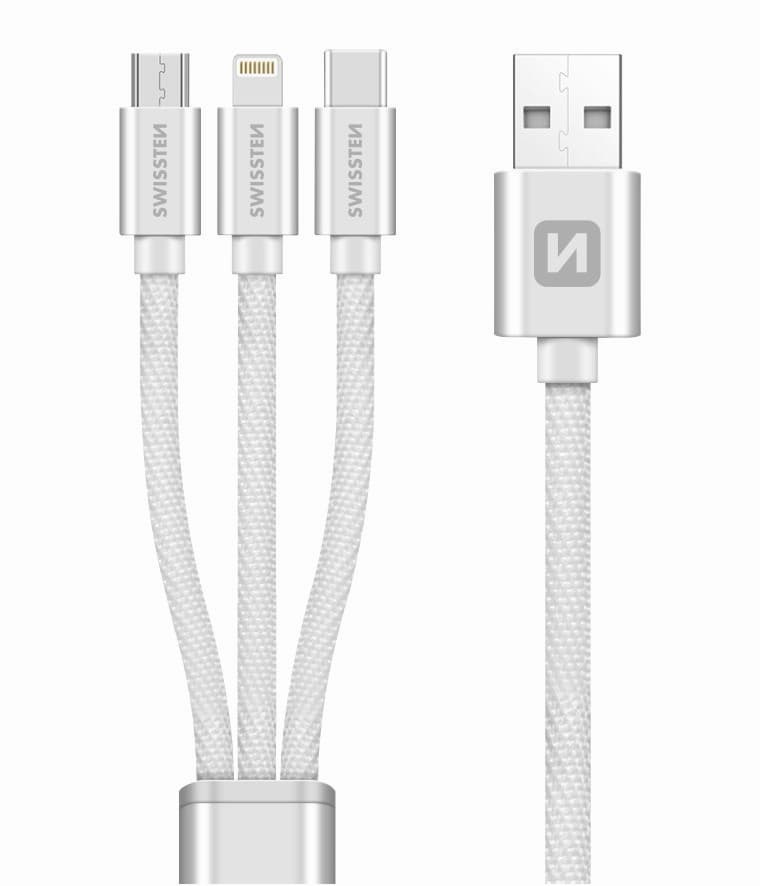 Datový kabel Swissten textile 3v1 mfi 1,2 m stříbrný - náhled 4