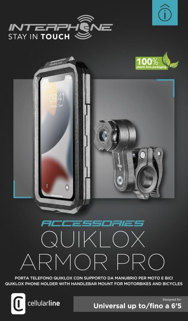 Univerzální voděodolné pouzdro na mobilní telefony Interphone Armor Pro, úchyt na řídítka QUIKLOX, max. 6,5", černé - náhled 4