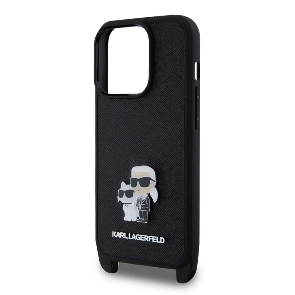 Karl Lagerfeld Saffiano Crossbody Metal Karl and Choupette Zadní Kryt pro iPhone 15 Pro Black - náhled 4