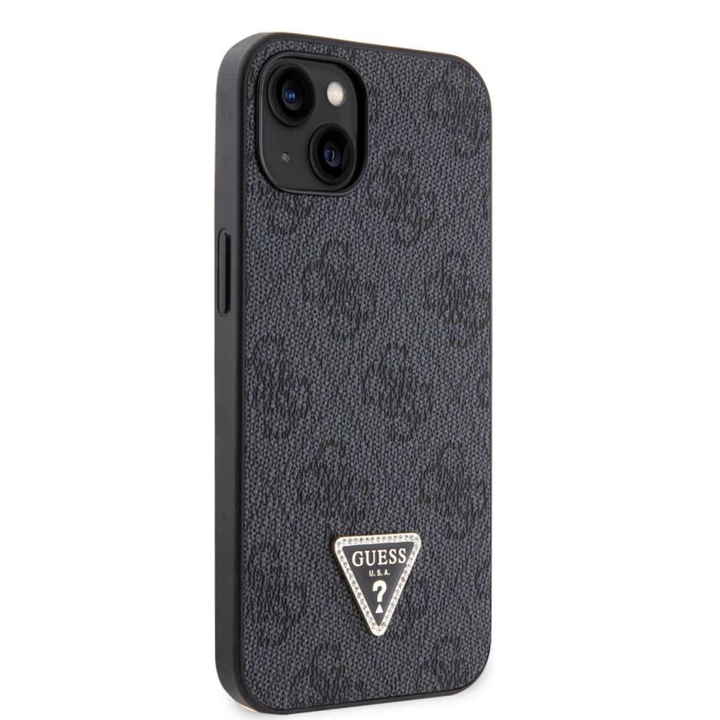 Guess PU 4G Strass Triangle Metal Logo Zadní Kryt pro iPhone 15 Black - náhled 4