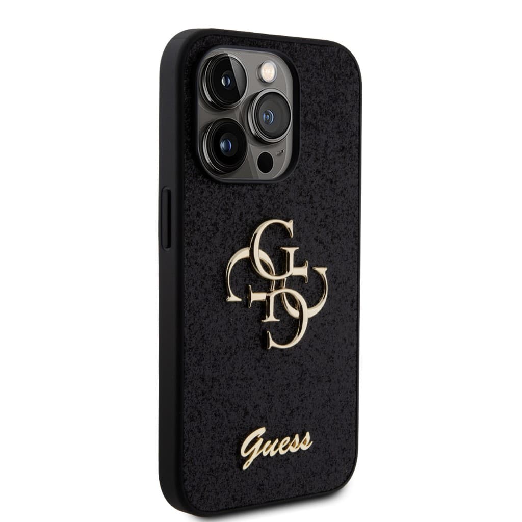 Guess PU Fixed Glitter 4G Metal Logo Zadní Kryt pro iPhone 15 Pro Black - náhled 4
