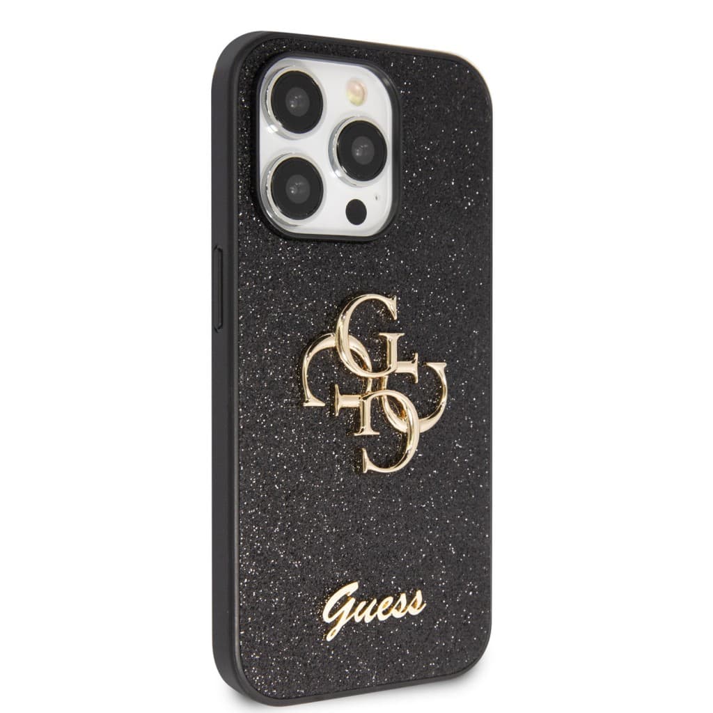 Guess PU Fixed Glitter 4G Metal Logo Zadní Kryt pro iPhone 15 Pro Max Black - náhled 4