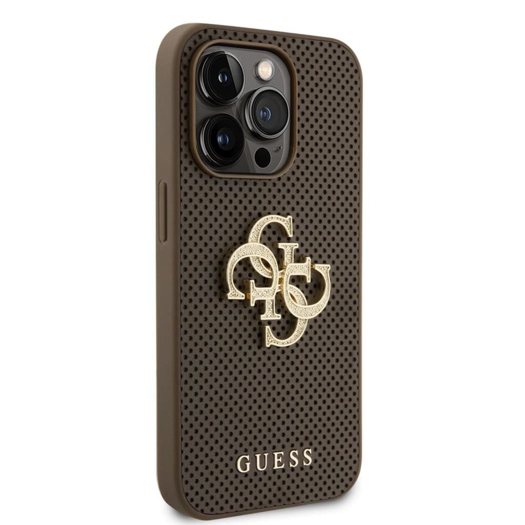Guess PU Perforated 4G Glitter Metal Logo Zadní Kryt pro iPhone 15 Pro Taupe - náhled 4