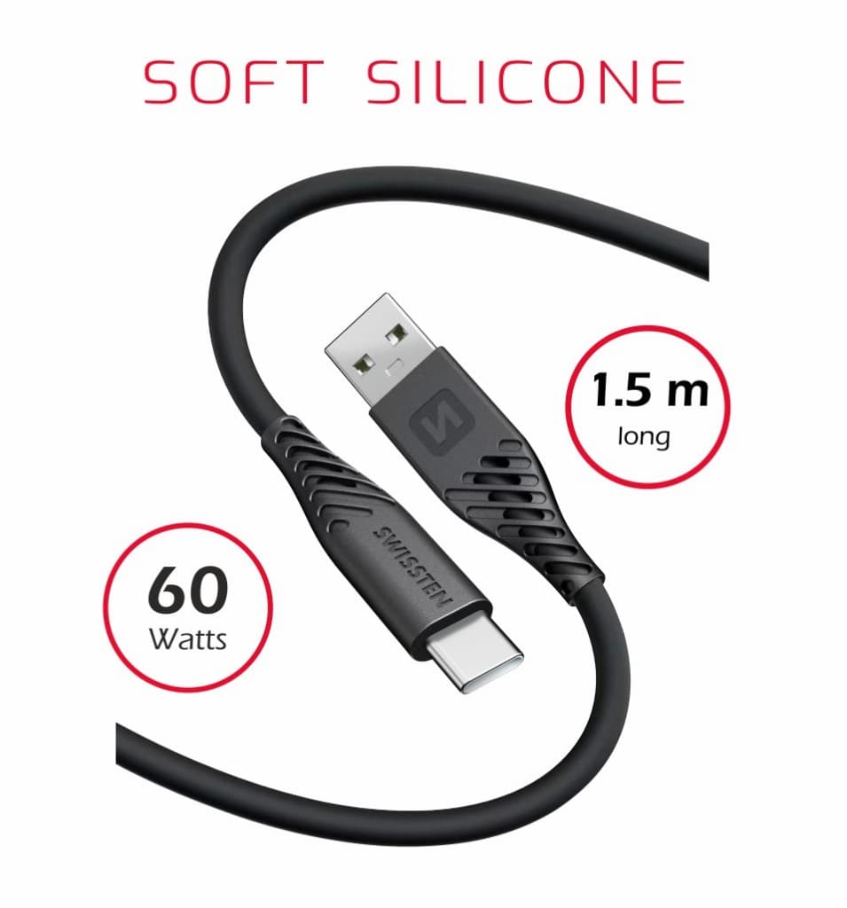Datový kabel swissten soft silicone usb / usb-c 1,5 m 60w černý - náhled 4