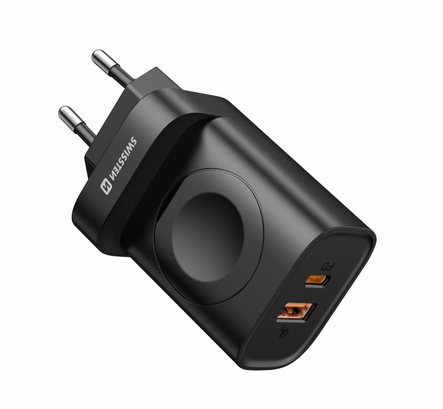 Adaptér Swissten s funkcí rychlonabíjení 1x USB-A, 1x USB-C a Apple Watch 20W černý - náhled 4