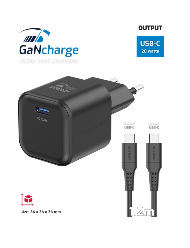 Rychlonabíječka Swissten vč. datového kabelu USB-C 1.2m 20W černá - náhled 4