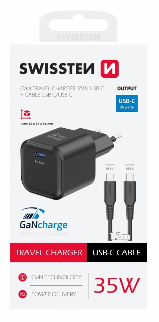 Rychlonabíječka Swissten vč. datového kabelu USB-C 1.2m 35W černá - náhled 4