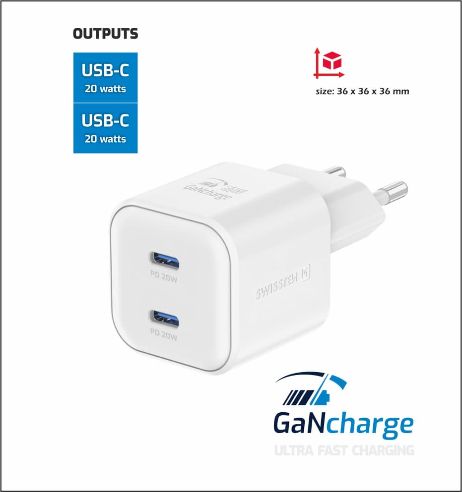Adaptér Swissten Gan 2x USB-C 20W s funkcí rychlonabíjení bílý - náhled 4