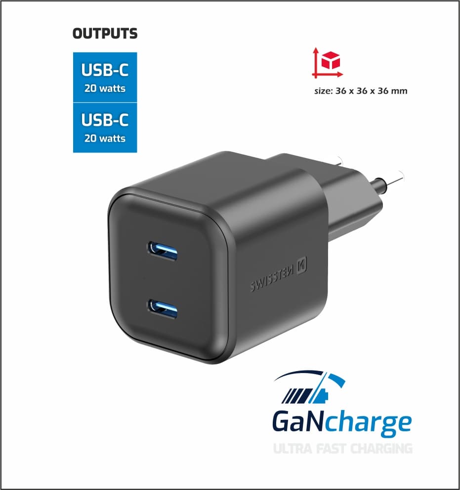 Adaptér Swissten Gan 2x USB-C 20W s funkcí rychlonabíjení černý - náhled 4