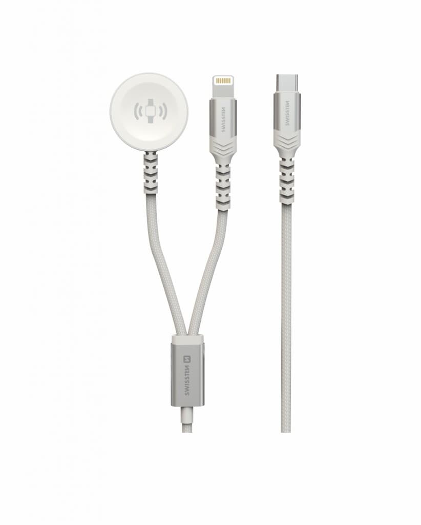 Magnetický kabel opletený Swissten 2v1 pro Apple Watch a Lightning, USB-C 1.2 m bílý - náhled 4