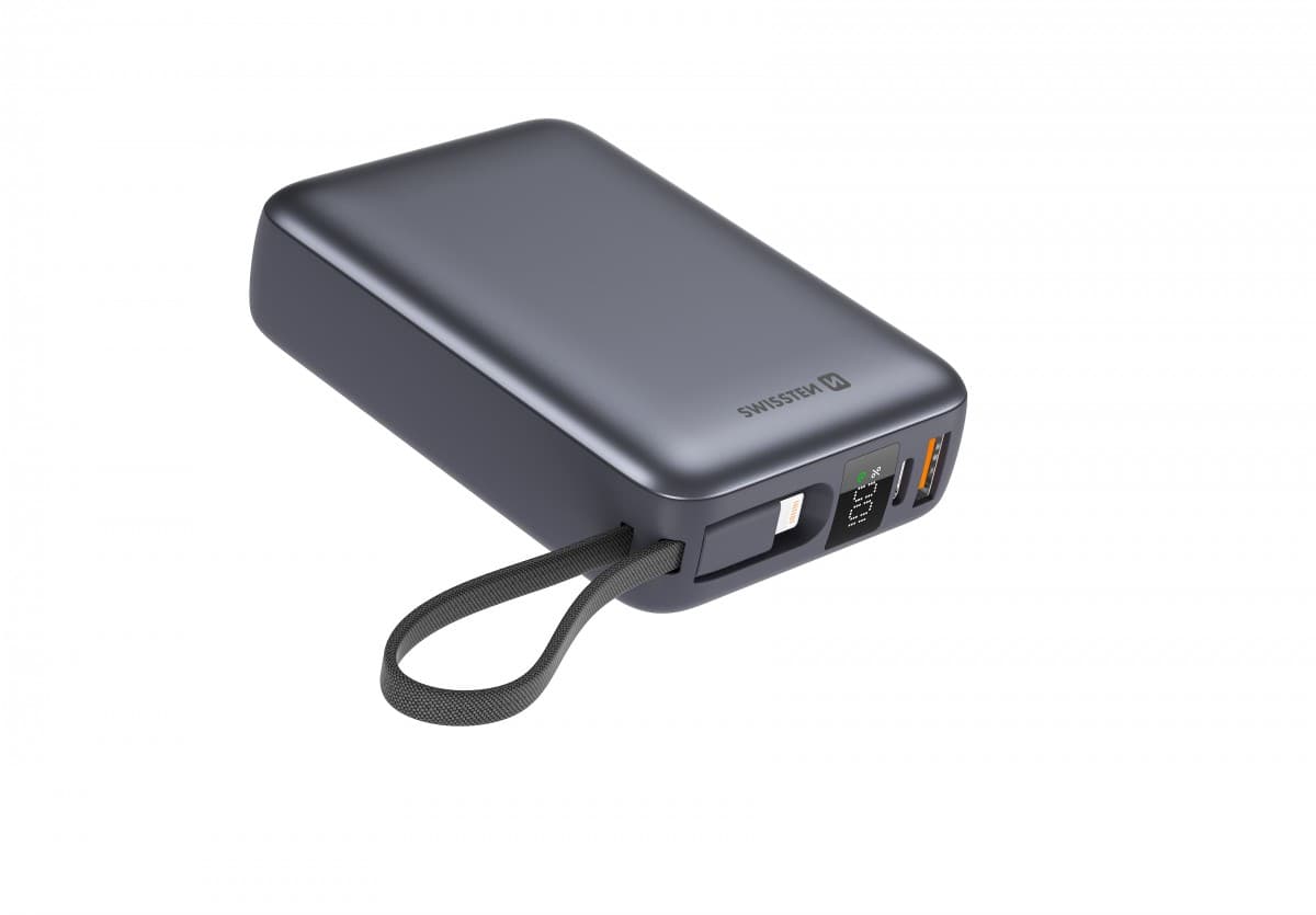 Powerbank Swissten 20000 mAh s integrovanými kabely USB-C a Lightning vesmírně stříbrná - náhled 5