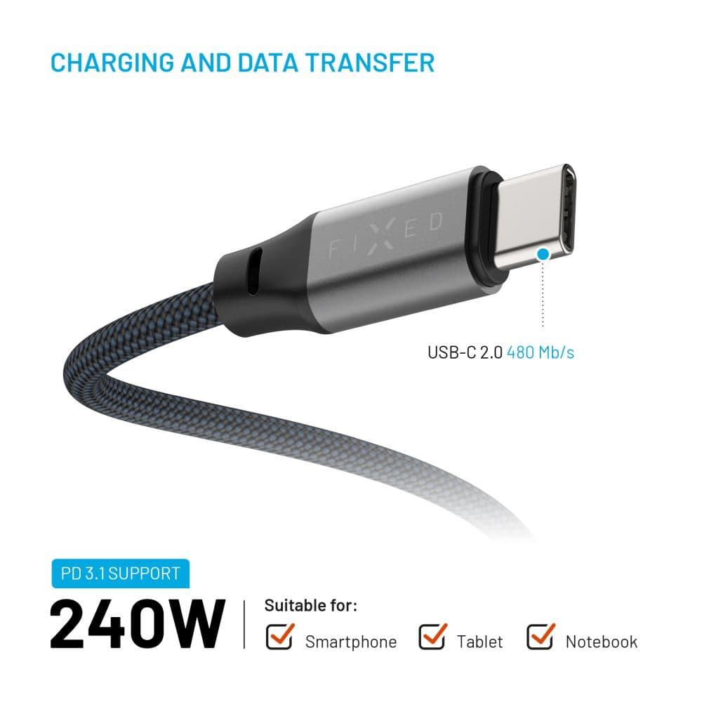 Magnetický nabíjecí a datový opletený kabel FIXED s konektory USB-C-USB-C a podporou PD, 1.2m, USB 2.0, 240W, šedý - náhled 5