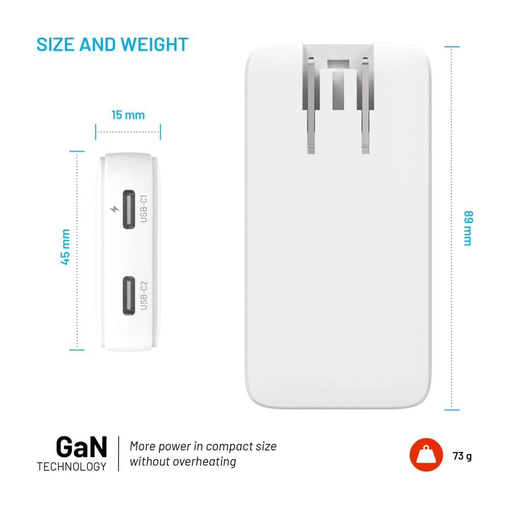 Síťový GaN adaptér FIXED Slim Traveller s 2x USB-C výstupem s vyměnitelnými adaptéry, 45W, bílý - náhled 5