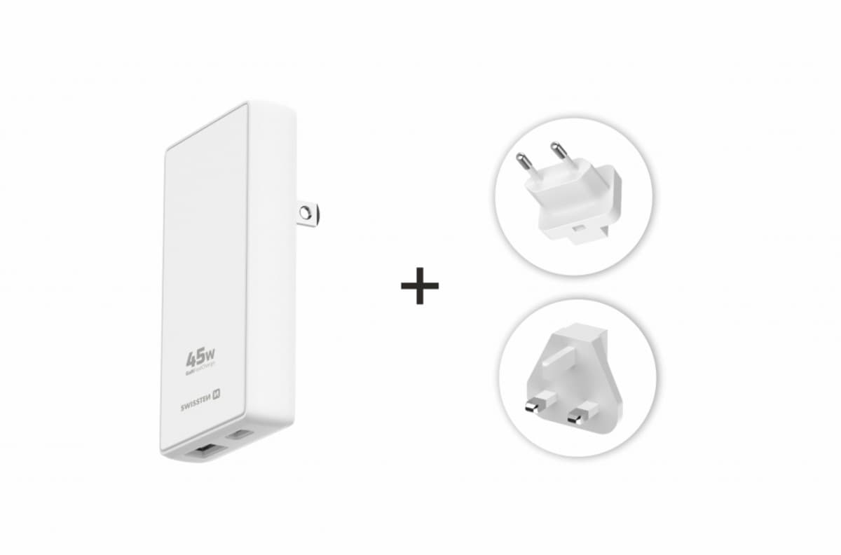 Adaptér Swissten GAN USB-C + USB-A 45W výměnné vidlice (us, eu, uk) bílý - náhled 5