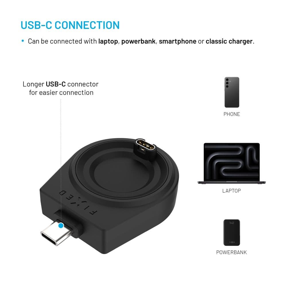 Nabíjecí USB-C adaptér FIXED pro smartwatch Garmin Fenix 5/6/7/7X/8, Epix, Venu 2/3/3S, Vívoactive 3/4/5, černý - náhled 5