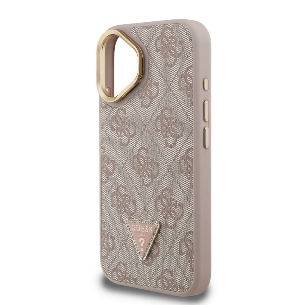 Zadní kryt Guess PU 4G Strass Triangle Logo Stand Camera Frame MagSafe pro iPhone 16 Pink - náhled 5