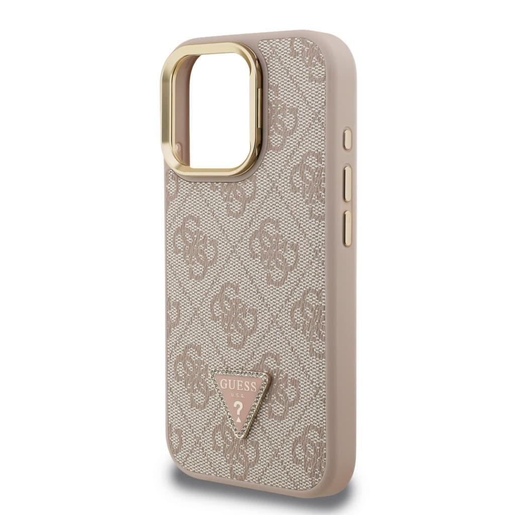 Zadní kryt Guess PU 4G Strass Triangle Logo Stand Camera Frame MagSafe pro iPhone 15 Pro Max Pink - náhled 5