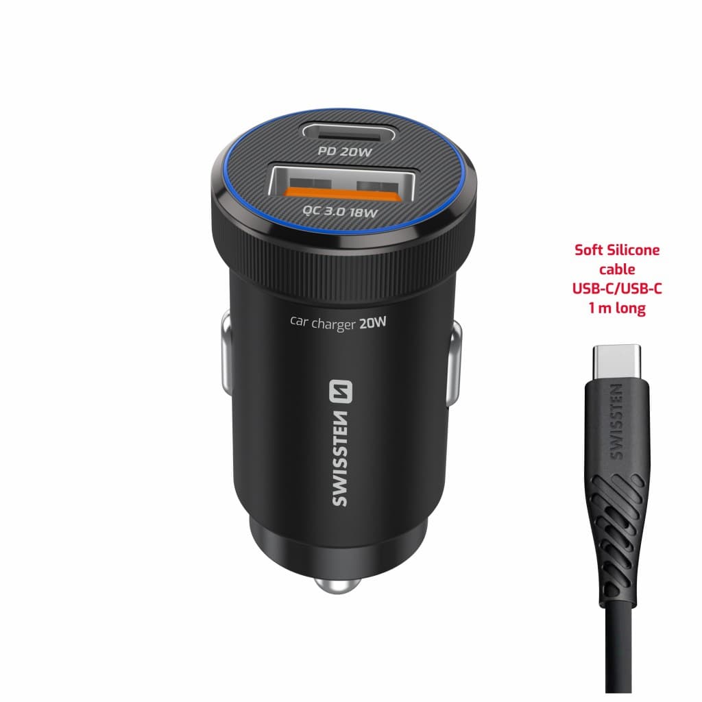 Rychlonabíječka do auta Swissten USB-A,USB-C PD 20W + datový kabel USB-C 1m černá - náhled 5