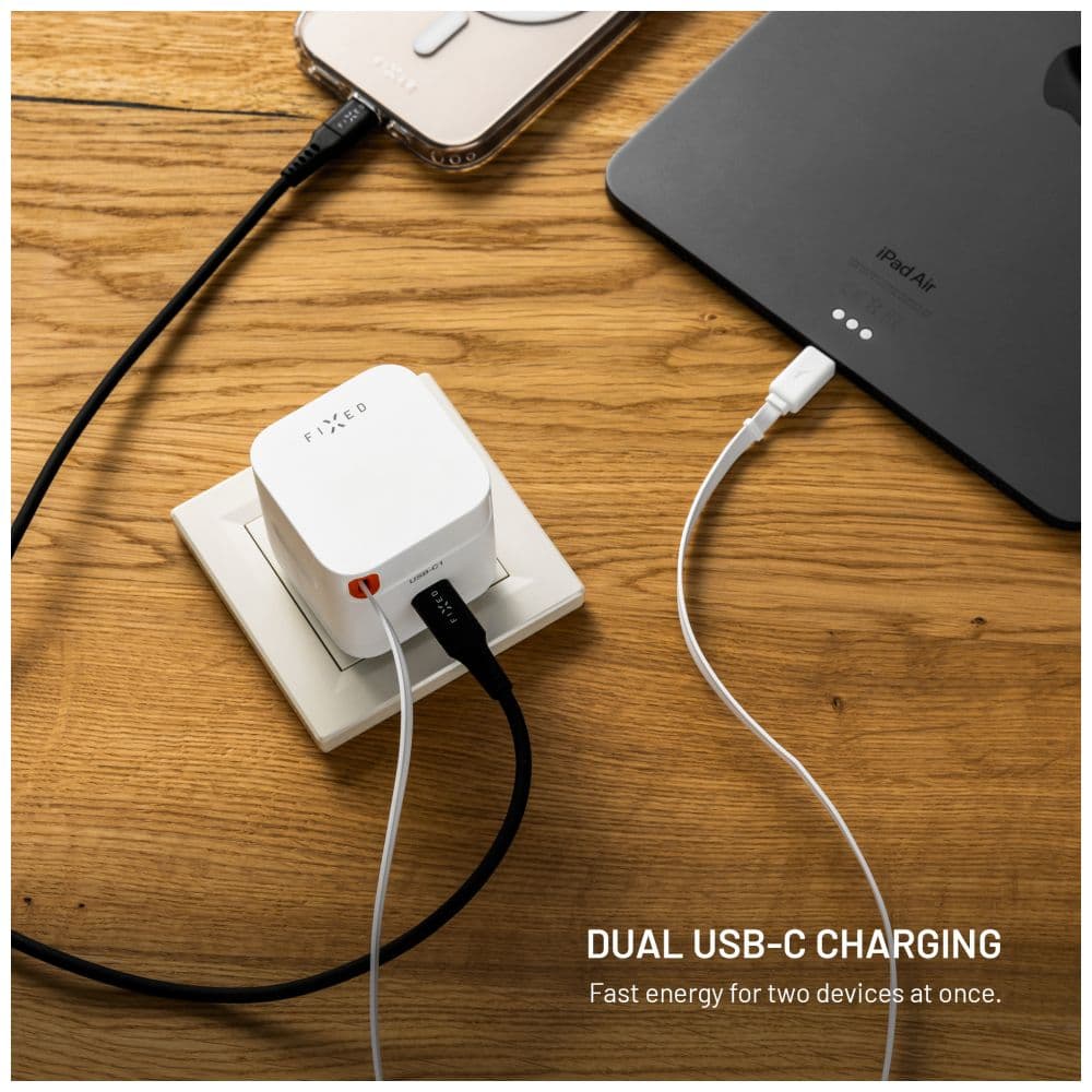 Síťová GaN nabíječka FIXED s 2xUSB-C, podpora PD 3.0, se samonavíjecím kabelem, 65W, bílá - náhled 5