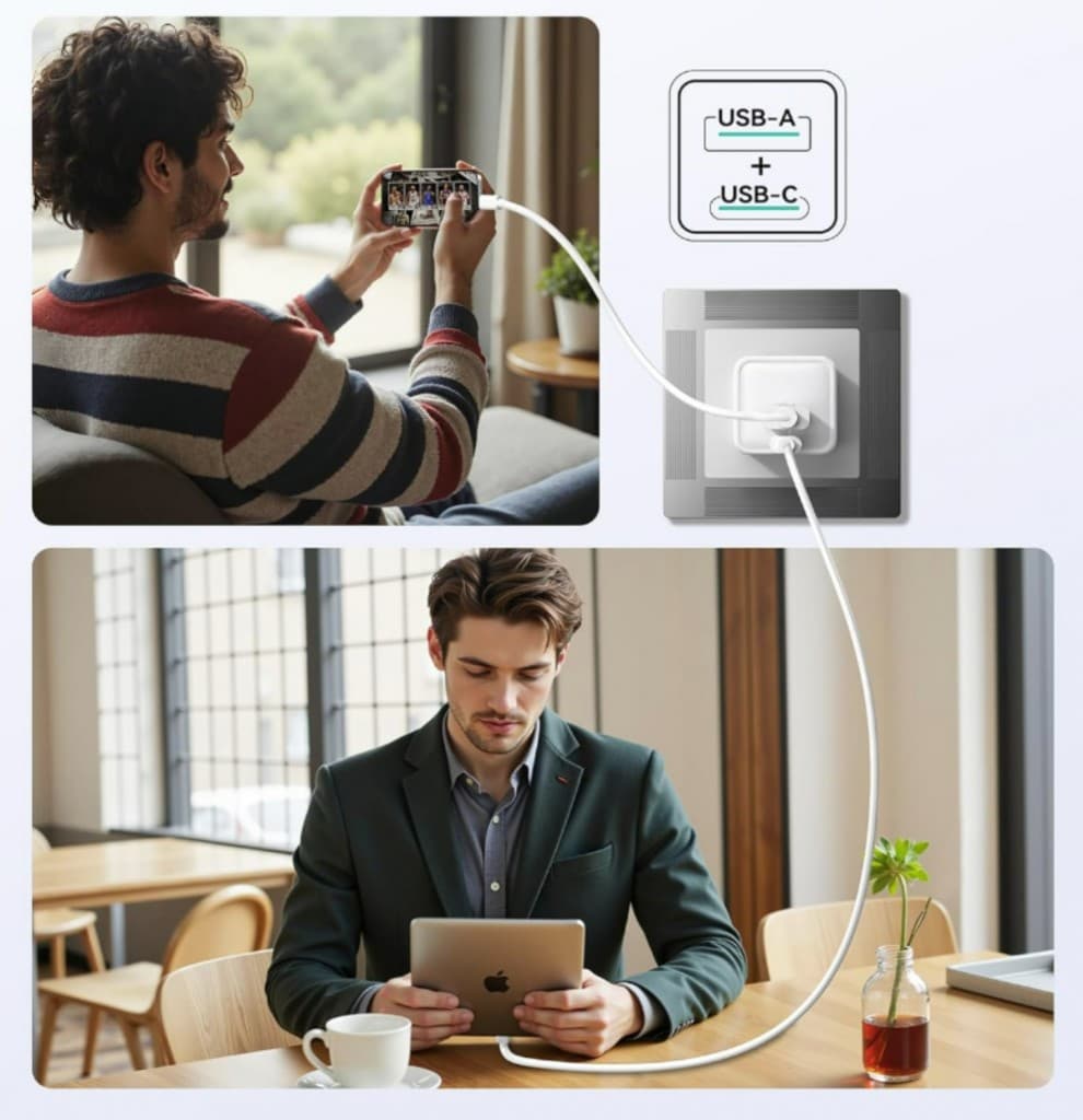 Adaptér iPeax GaN s funkcí rychlonabíjení 45W (USB-C + USB-A) bílý - náhled 5