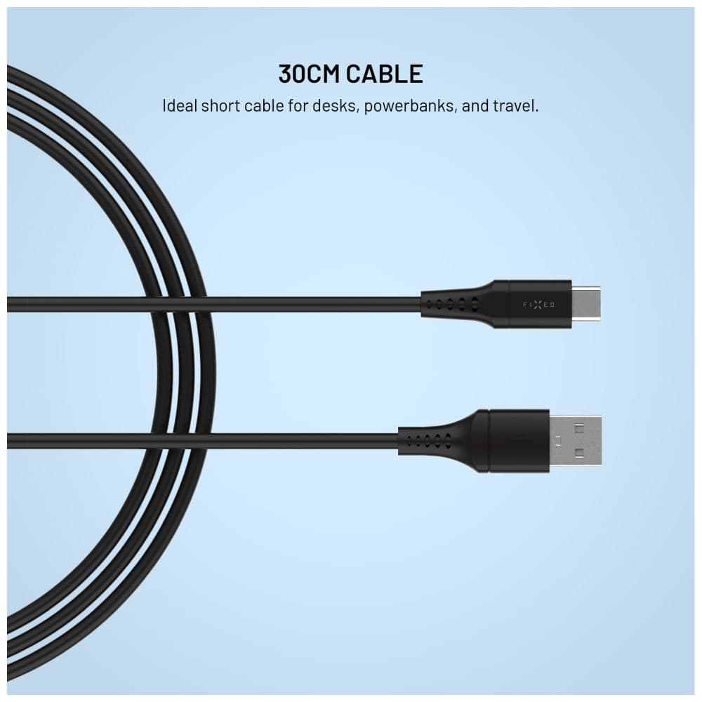 Krátký nabíjecí a datový Liquid silicone kabel FIXED s konektory USB/USB-C a podporou PD, 0.3m, USB 2.0, 60W, černý - náhled 5