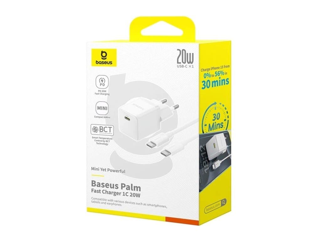 Nabíječka Baseus Palm Fast USB-C 20W + Datový Kabel USB-C/USB-C 1m White - náhled 5