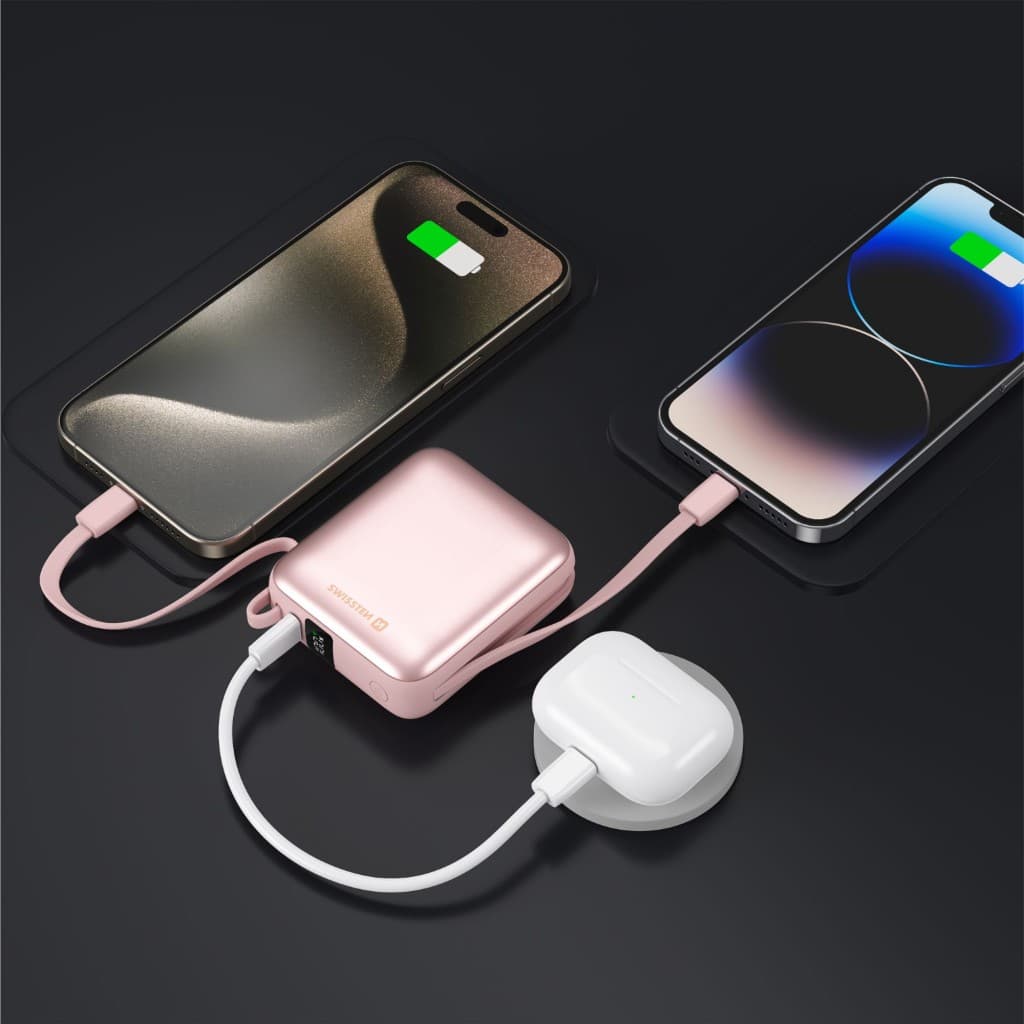 Powerbank Swissten Space 10000 mAh s integrovanými kabely usb-c a lightning růžová - náhled 5
