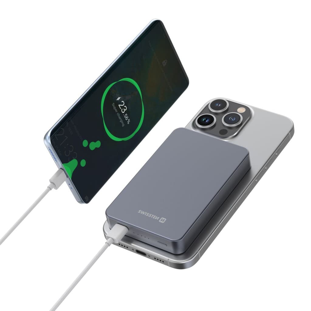 Powerbank Swissten Fusion 10000 mAh s nabíjením Apple Watch (kompatibilní s magsafe) stříbrná - náhled 5