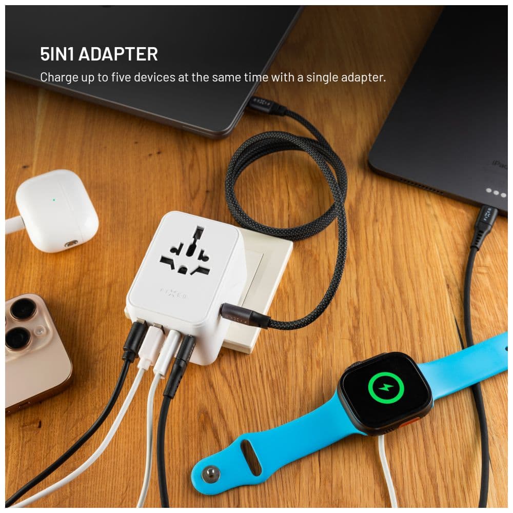 Cestovní adaptér FIXED Voyager 70W pro EU, UK a USA/AUS, s 3xUSB-C a 2xUSB výstupem, GaN, PD 70W, bílý - náhled 5